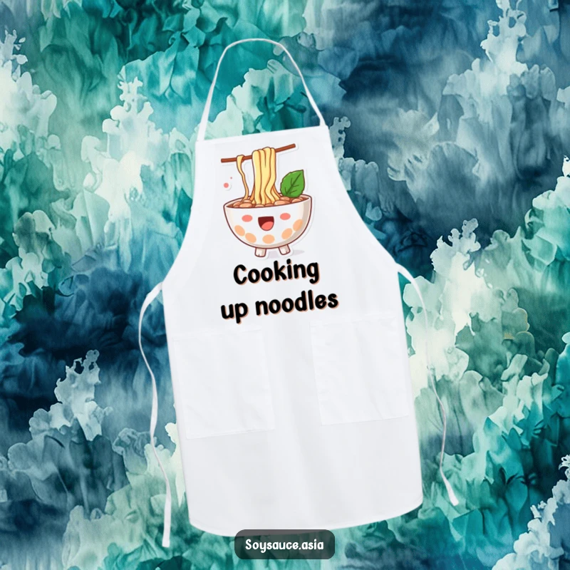 Funny ramen bowl apron, happy character, with noodles playfully splashing out, a stylish and humorous kitchen accessory.
