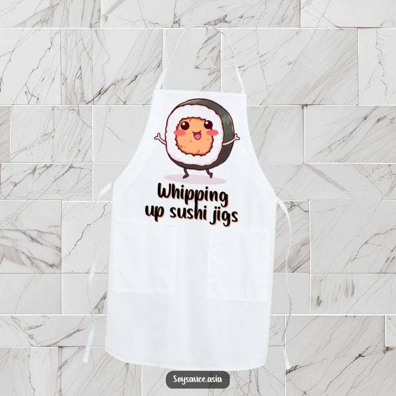 Funny Sushi Roll Apron: A smiling sushi roll dances happily, making this apron a humorous and practical kitchen accessory for food lovers.