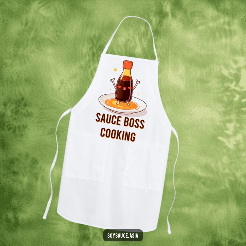 Funny soy sauce bottle apron with tiny legs, smiling and dancing joyfully on a plate, a stylish and humorous kitchen accessory.