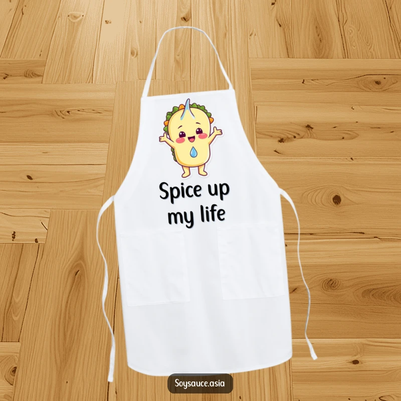 Funny apron featuring a smiling taco character embracing a single falling raindrop, ideal for chefs who love humor.