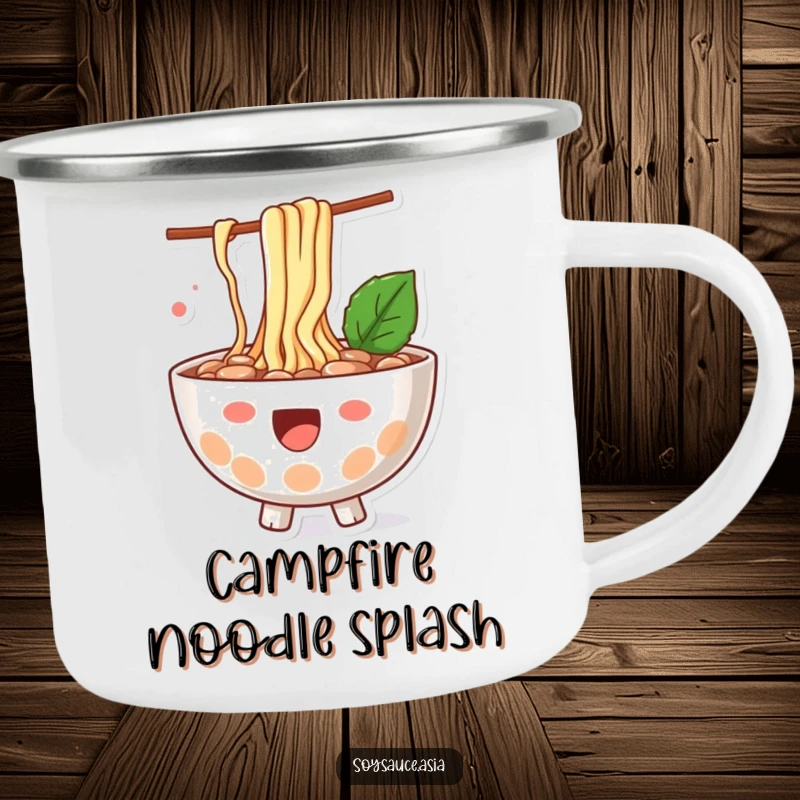 Funny ramen bowl camping mug, happy character, with noodles playfully splashing out, ideal for outdoor enjoyment.