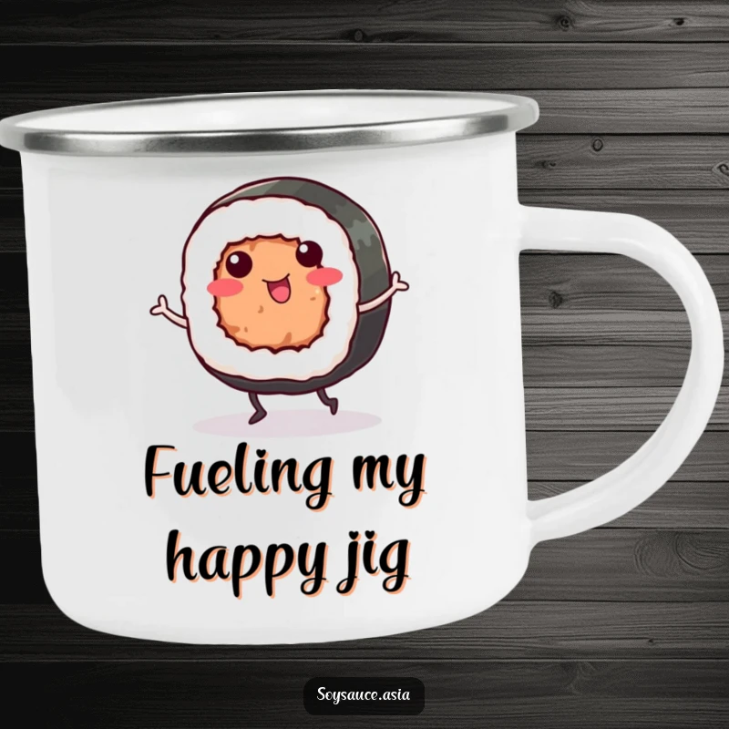 Funny Sushi Roll Camping Mug: A smiling sushi roll dances happily, offering humorous companionship for your outdoor dining and beverage breaks.