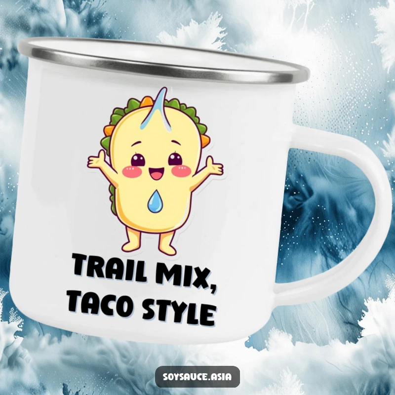 Funny camping mug showing a cheerful taco character embracing a falling raindrop, perfect for outdoor enthusiasts who love humor.