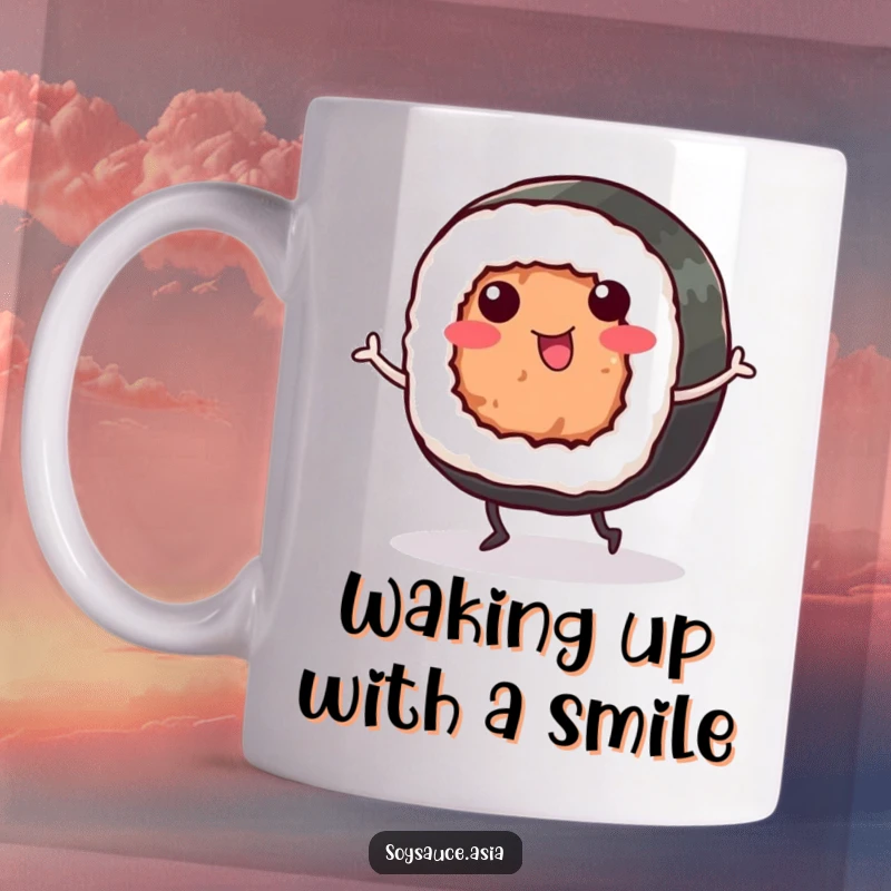 Funny Sushi Roll Mug: A smiling sushi roll with tiny legs happily dances, bringing a delicious dose of humor and joy.