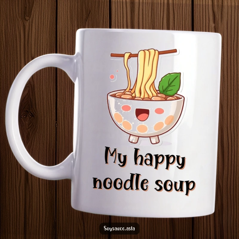 Funny ramen bowl mug, happy character, with noodles playfully splashing out, a delightful depiction of noodle joy.
