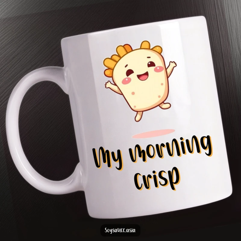 Funny tempura mug, smiling character, doing a bouncy leap with a delighted expression, capturing pure fried food happiness.