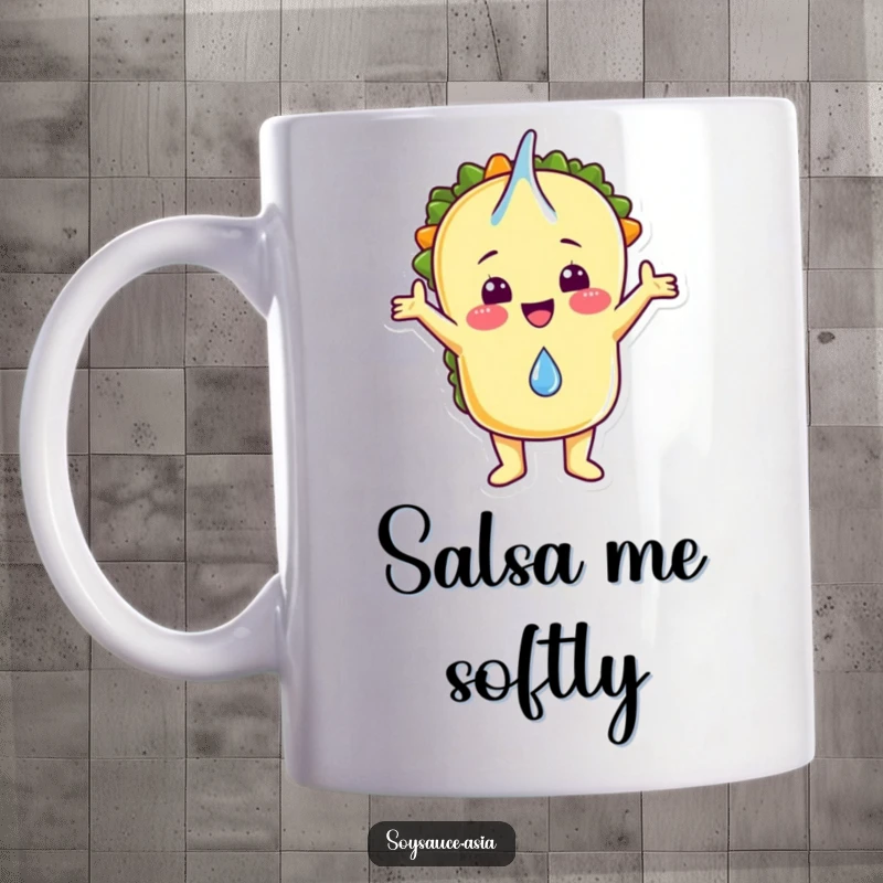Funny mug with a cheerful taco character joyfully embracing a single falling raindrop with open arms.