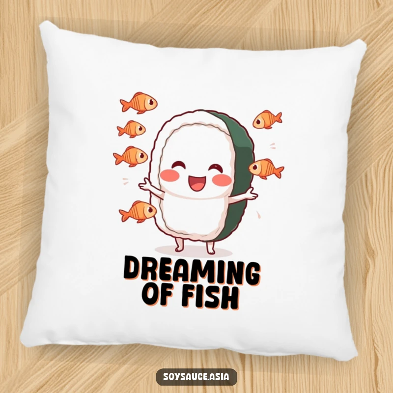 Funny sushi roll pillow, cheerful character, performing a silly juggling act with tiny fish, a soft and humorous decorative item.