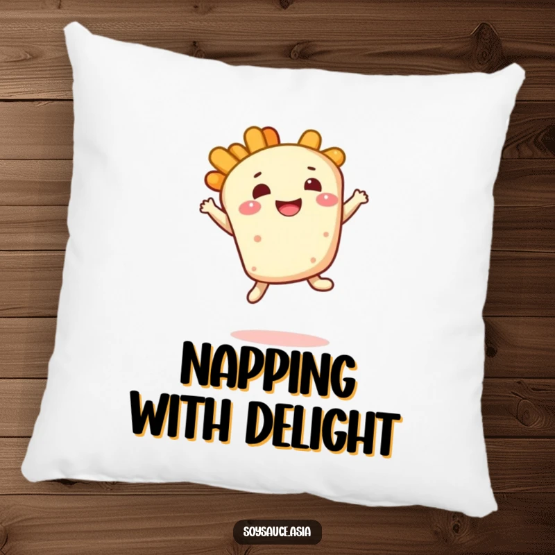 Funny tempura pillow, smiling character, doing a bouncy leap with a delighted expression, a soft and humorous decorative item.