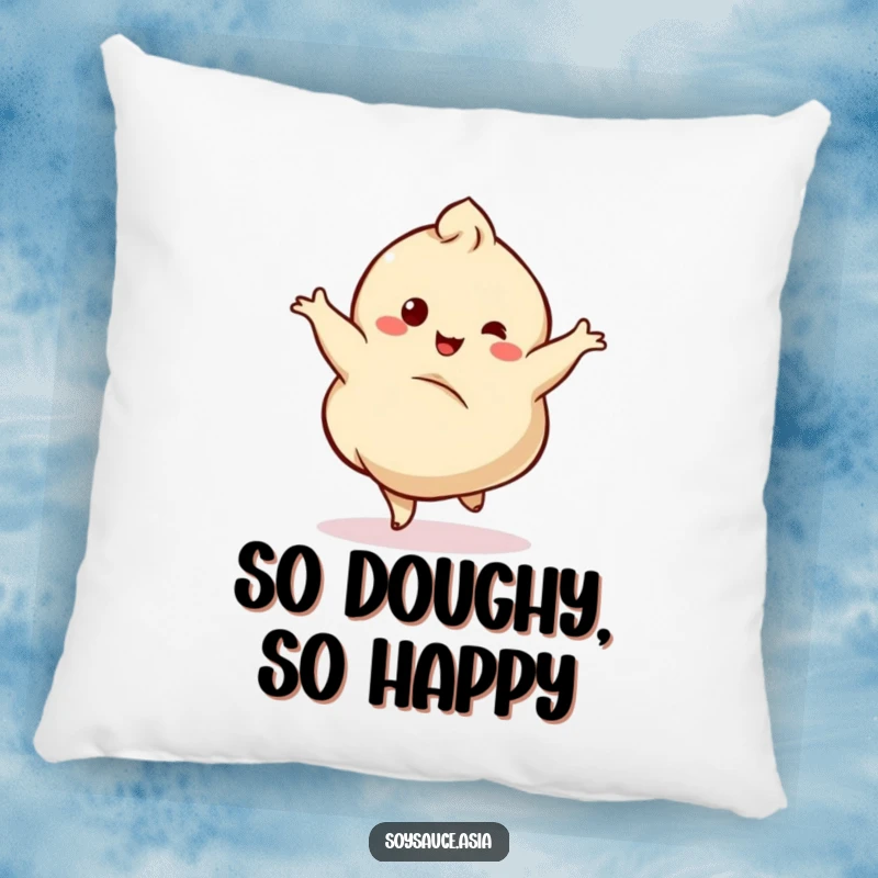 Funny pillow with a dancing dumpling character twirling gracefully with a delightful wobble, adding comfort and humor.