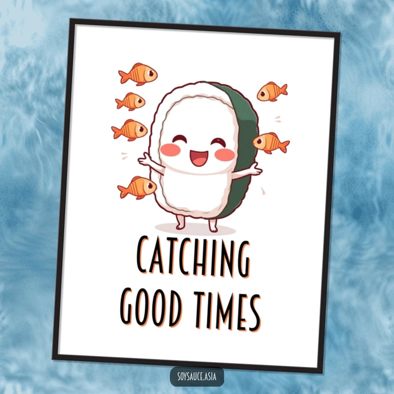 Funny sushi roll digital art print, cheerful character, performing a silly juggling act with tiny fish, ready for instant download.