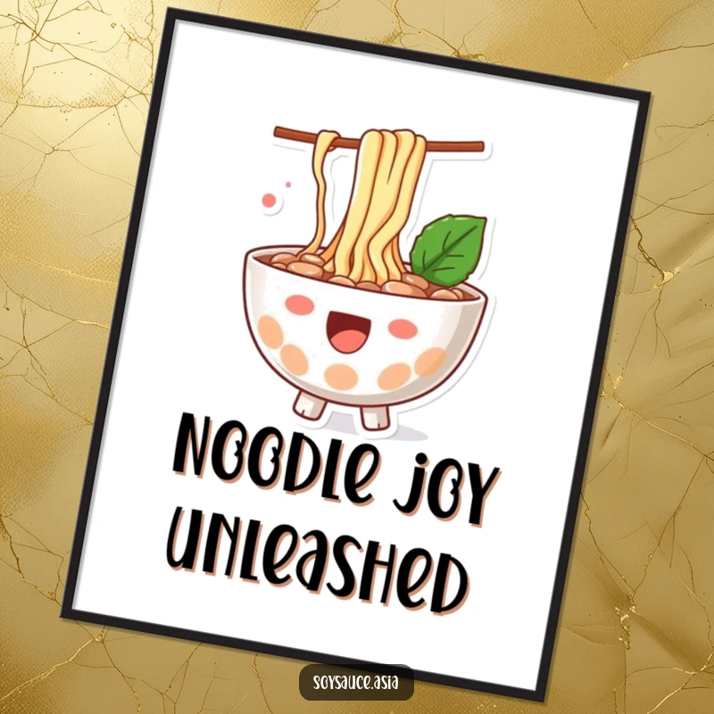 Funny ramen bowl digital art print, happy character, with noodles playfully splashing out, ready for instant download.