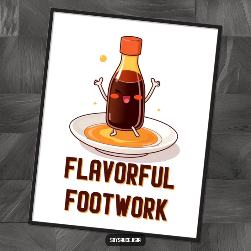 Funny soy sauce bottle digital art print with tiny legs, smiling and dancing joyfully on a plate, ready for instant download.