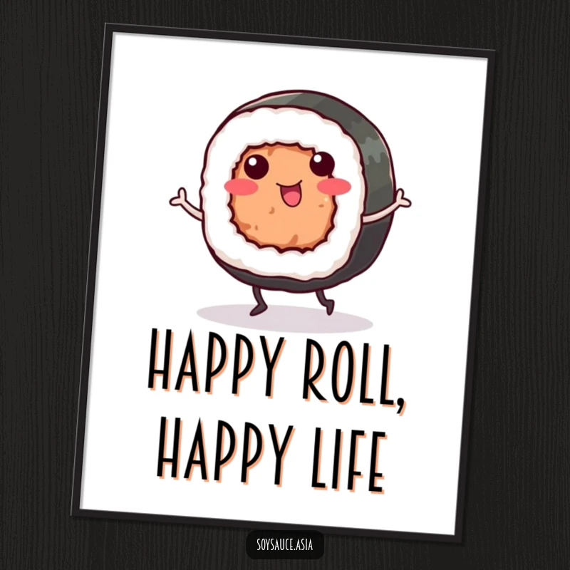 Funny Sushi Roll Digital Art Print: A smiling sushi roll with tiny legs dances joyfully, offering instant delicious humor for wall decor.