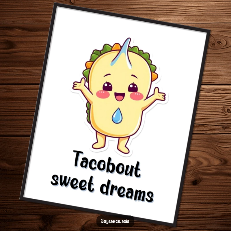 Funny digital art print of a cheerful taco character joyfully embracing a falling raindrop, ready to be downloaded and framed.