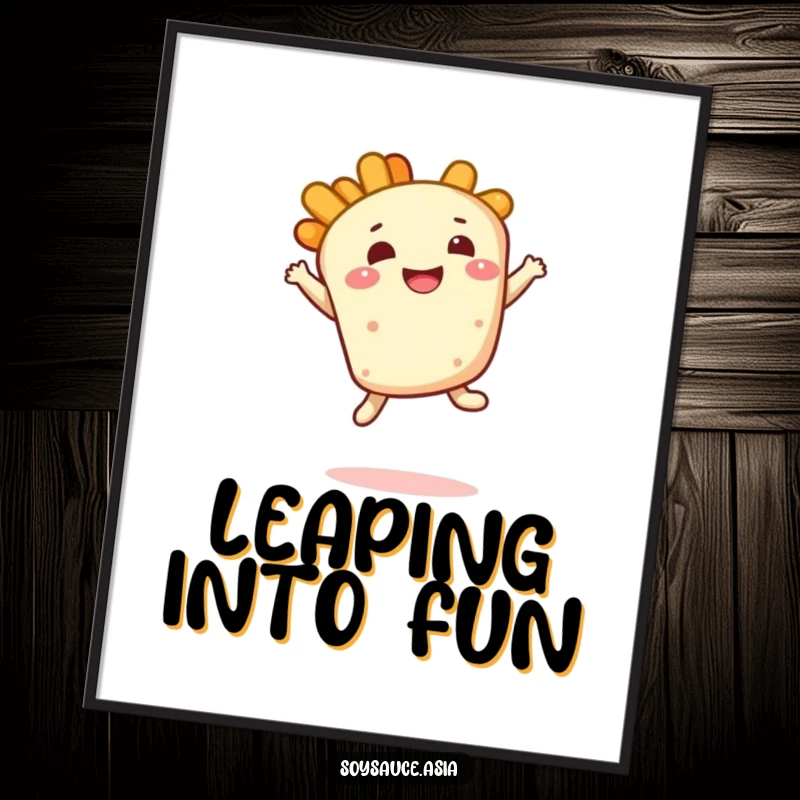 Funny tempura digital art print, smiling character, doing a bouncy leap with a delighted expression, ready for instant download.