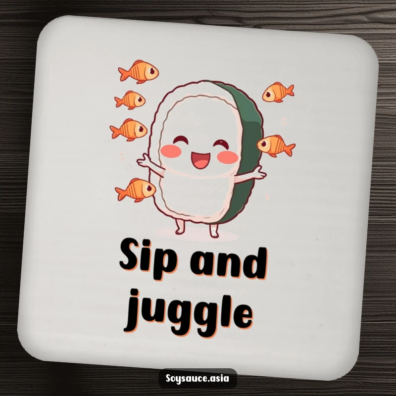 Funny sushi roll coaster, cheerful character, performing a silly juggling act with tiny fish, protecting surfaces with humor.