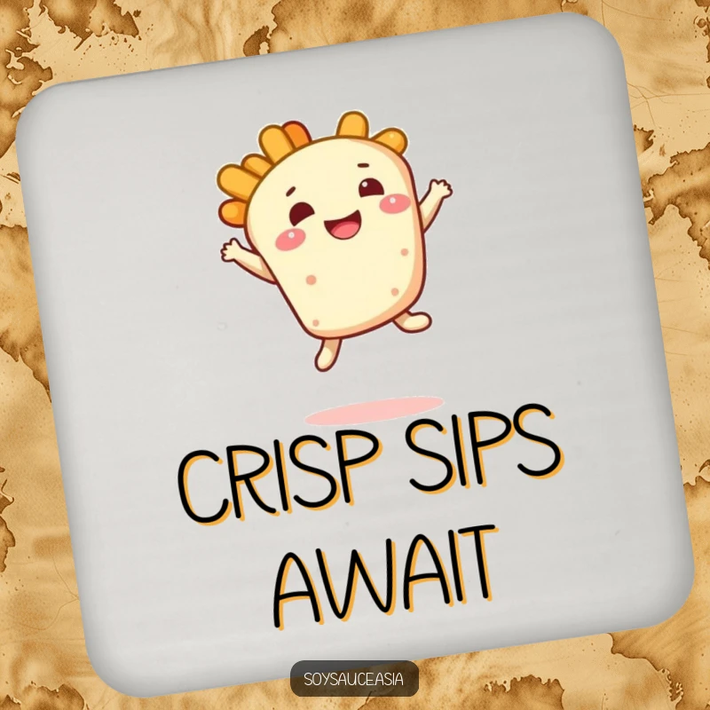Funny tempura coaster, smiling character, doing a bouncy leap with a delighted expression, protecting surfaces with humor.