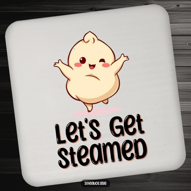 Funny drink coaster with a dancing dumpling character twirling gracefully with a happy wobble, protecting surfaces stylishly.