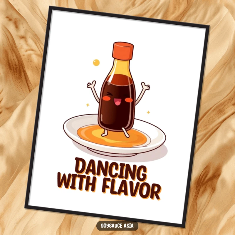 Funny soy sauce bottle poster with tiny legs, smiling and dancing joyfully on a plate, a cheerful and artistic wall decoration.