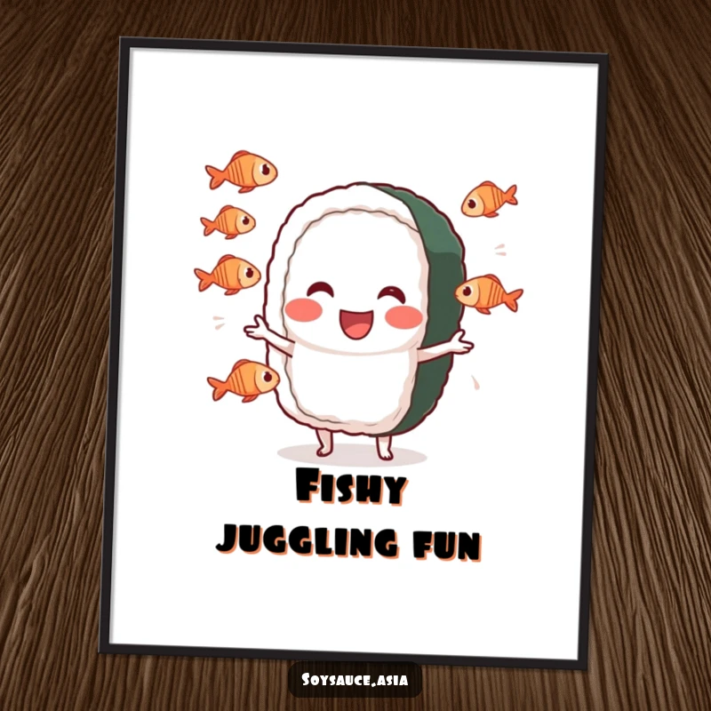 Funny sushi roll poster, cheerful character, performing a silly juggling act with tiny fish, a cheerful and artistic wall decoration.