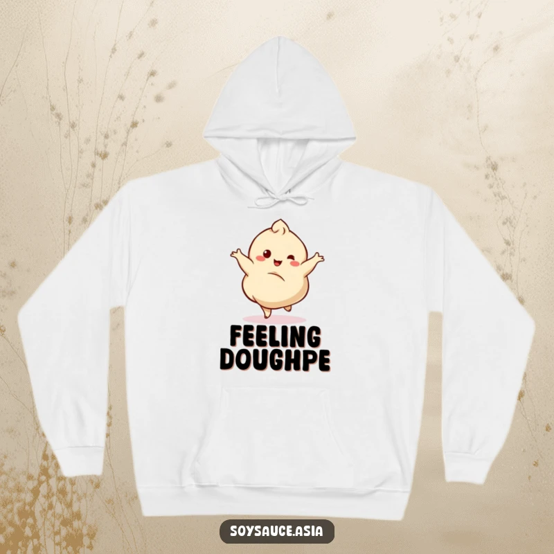 Funny hoodie featuring a dancing dumpling character gracefully twirling with a happy wobble, offering both warmth and humor.