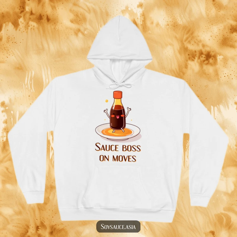 Funny soy sauce bottle hoodie with tiny legs, smiling and dancing joyfully on a plate, a warm and humorous garment.