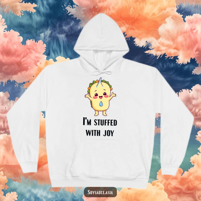 Funny hoodie depicting a joyful taco character embracing a falling raindrop, offering warmth and a cheerful vibe.