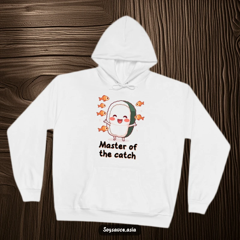 Funny sushi roll hoodie, cheerful character, performing a silly juggling act with tiny fish, a warm and amusing garment.