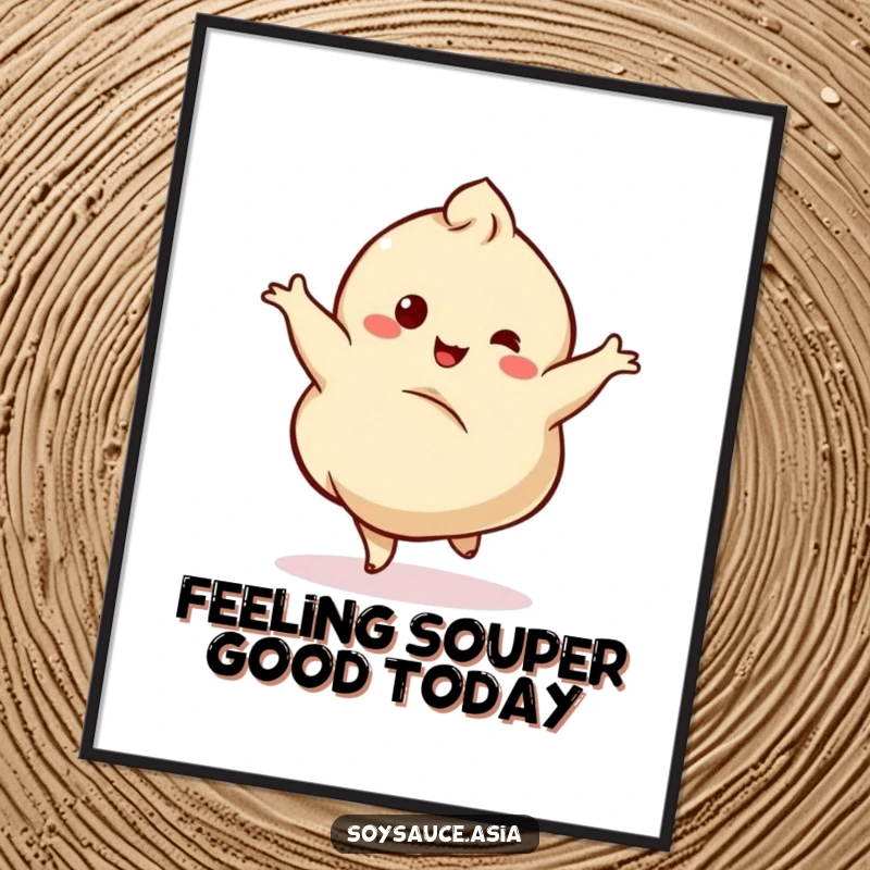 Funny free printable wall art of a dumpling character dancing joyfully, adding a touch of whimsy to any room.