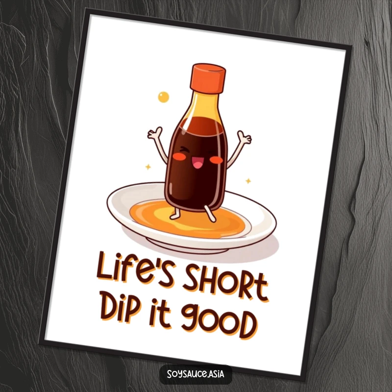 Funny Free Printable Wall Art: Smiling soy sauce bottle with tiny legs doing a joyful dance