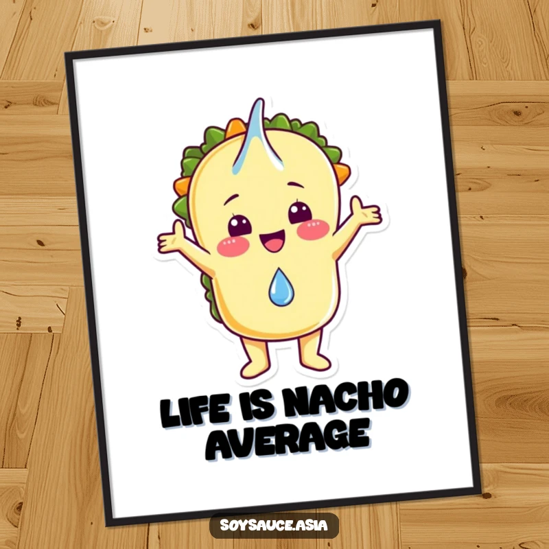 Funny free printable wall art of a cheerful taco character joyfully embracing a falling drop, perfect for kitchens.