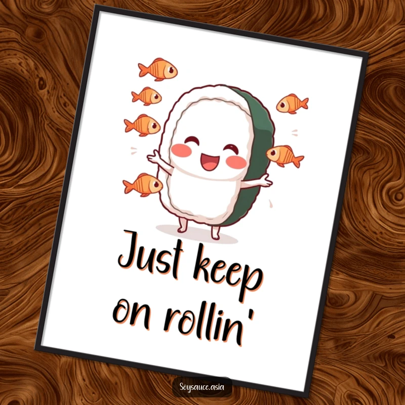 Funny Free Printable Wall Art: Cheerful sushi roll character performs a silly juggling act