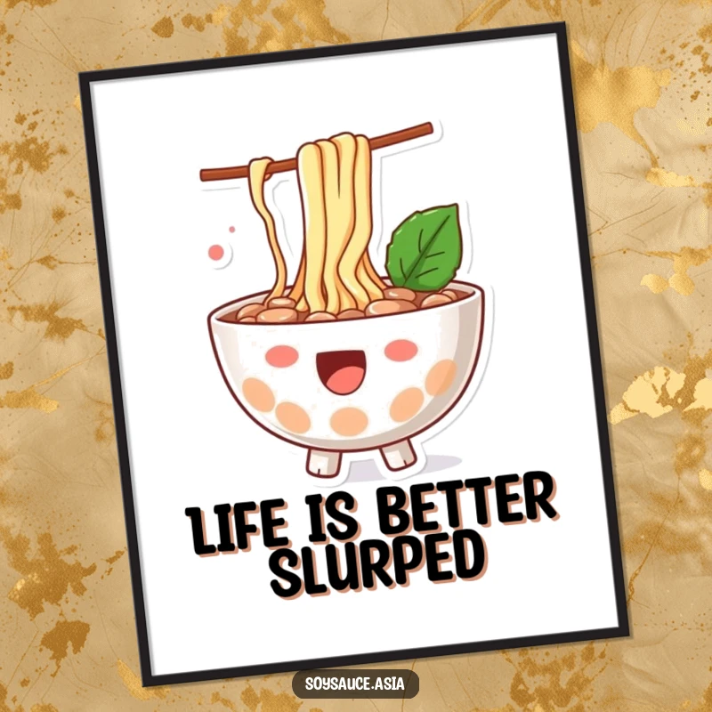 Funny Free Printable Wall Art: Happy ramen bowl character with noodles playfully splashing out