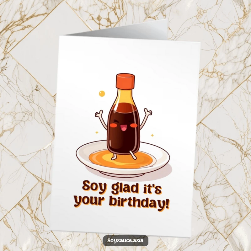 Funny Free Printable Birthday Card: Smiling soy sauce bottle with legs dances joyfully on a plate