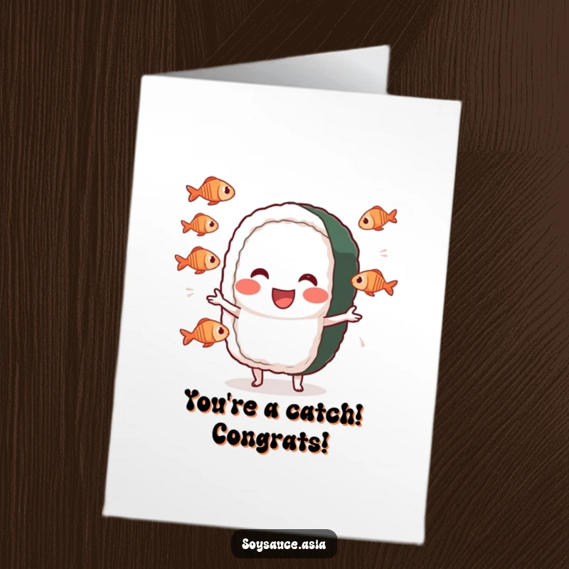 Funny Free Printable Congrats Card: Sushi roll character hilariously juggling small fish