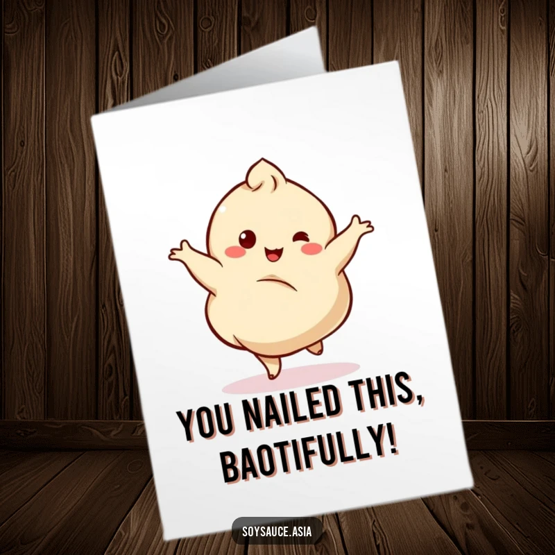 Funny free printable congratulations card showing a delighted dumpling character in a graceful, twirling dance.