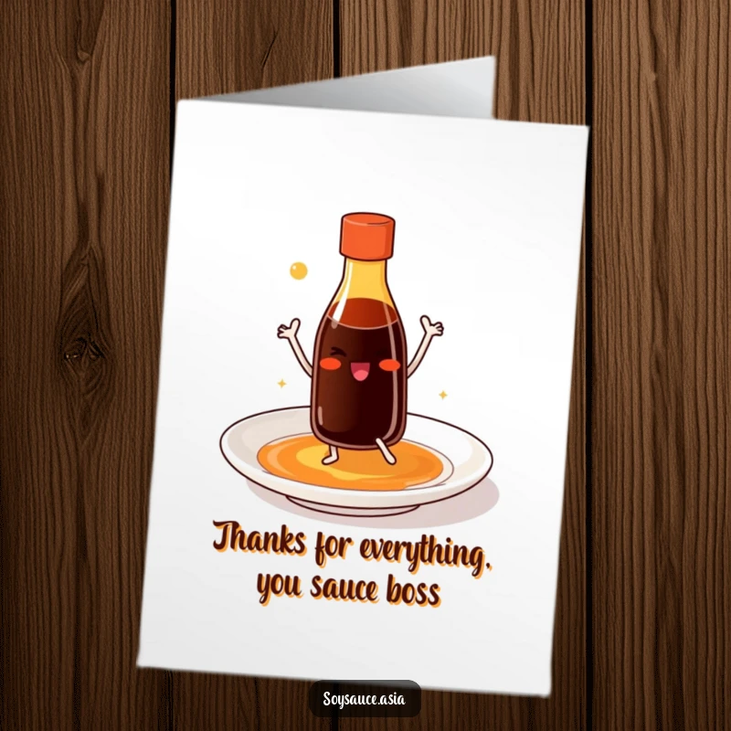 Funny Free Printable Thank You Card: Smiling soy sauce bottle with legs dancing happily on a plate