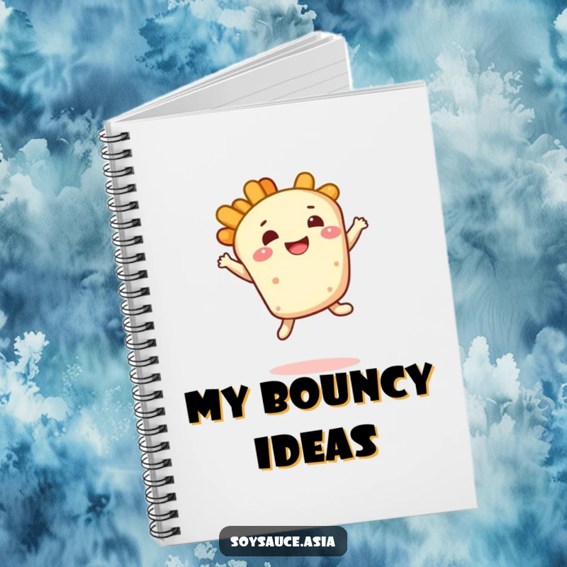 Funny tempura notebook, smiling character, doing a bouncy leap with a delighted expression, perfect for recipes and journaling.