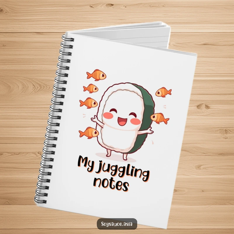 Funny sushi roll notebook, cheerful character, performing a silly juggling act with tiny fish, perfect for recipes and journaling.