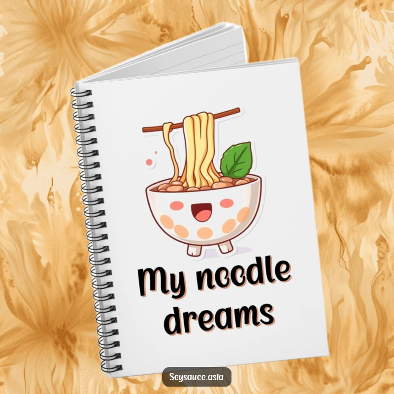 Funny ramen bowl notebook, happy character, with noodles playfully splashing out, perfect for recipes and journaling.