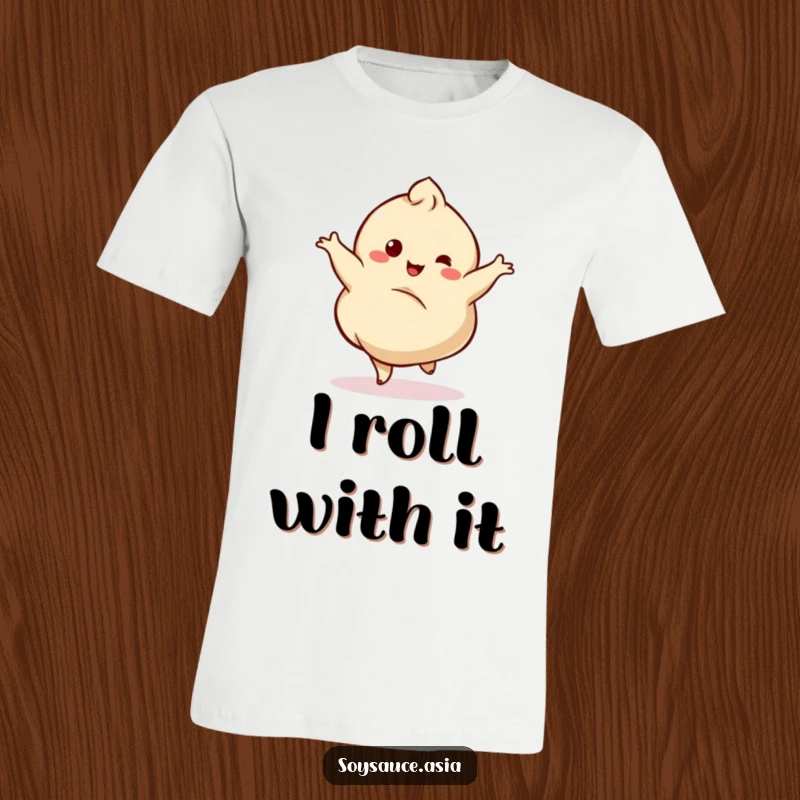 Funny t-shirt with a dancing dumpling character performing a graceful twirl, radiating pure joy and a delightful wobble.