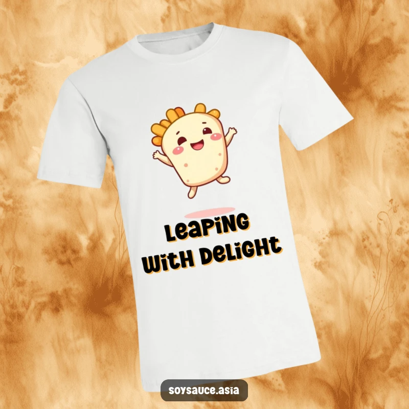 Funny tempura t-shirt, smiling character, doing a bouncy leap with a delighted expression, a cheerful and energetic foodie design.