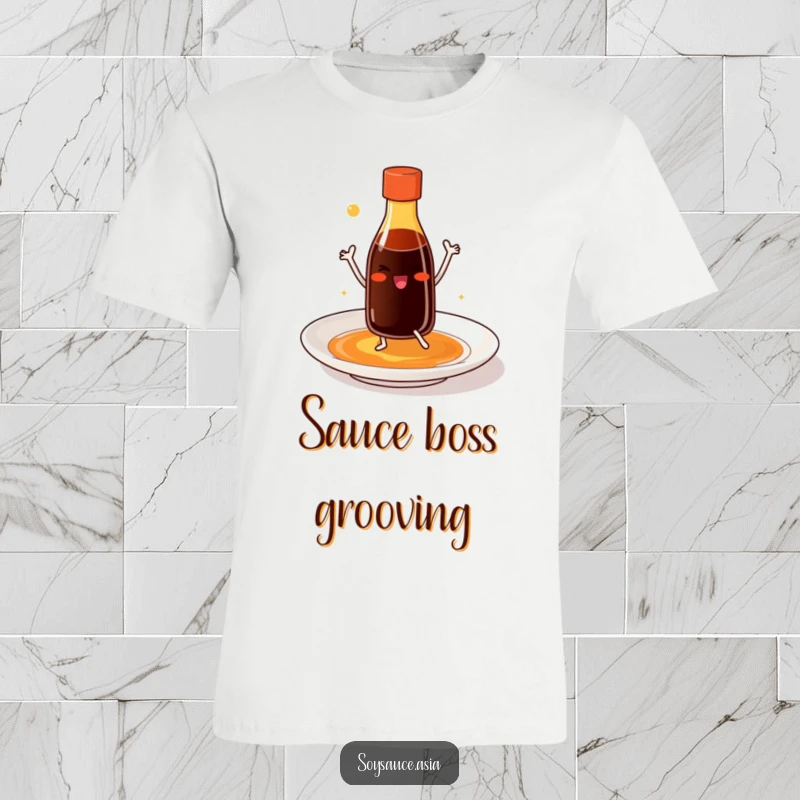 Funny soy sauce bottle t-shirt with tiny legs, smiling and dancing joyfully on a plate, a quirky and cheerful apparel choice.