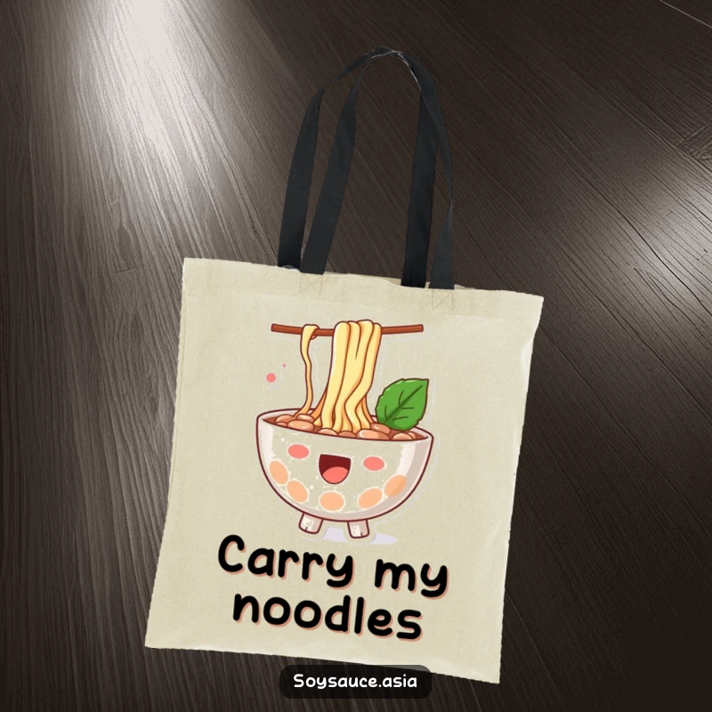 Funny ramen bowl tote bag, happy character, with noodles playfully splashing out, a functional and cheerful accessory.