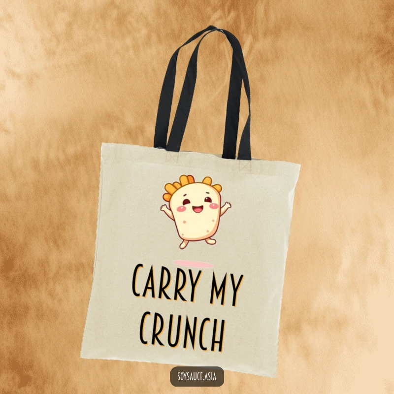 Funny tempura tote bag, smiling character, doing a bouncy leap with a delighted expression, a functional and cheerful accessory.